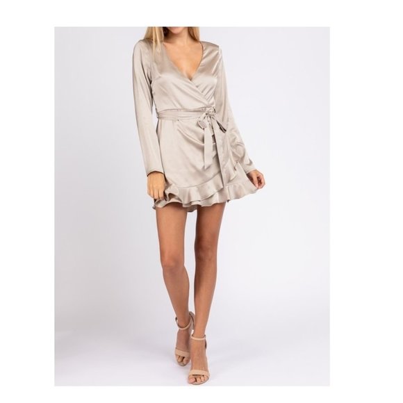 long sleeve satin wrap dress, romper - Picture 4 of 8